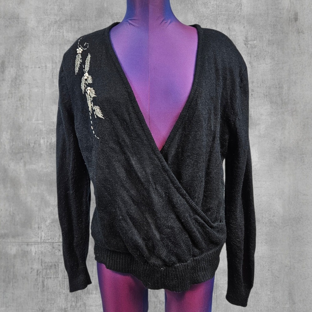 A'Milano Vintage Black Wrap Sweater Beaded Floral Shoulder Knit V-Neck Large J40